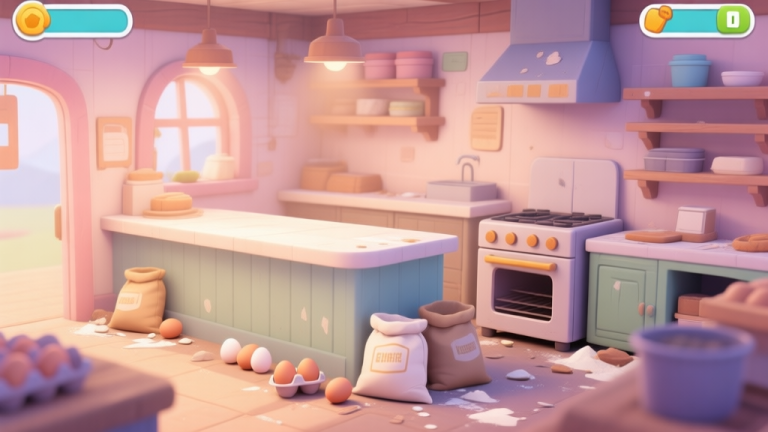 自动生成图片: A cozy, slightly messy virtual bakery shop interior in a mobile game style. An empty counter, a basic oven, and a few scattered ingredients like eggs and flour sacks. Soft pastel color palette with a warm glow. high quality illustration, detailed, 16:9