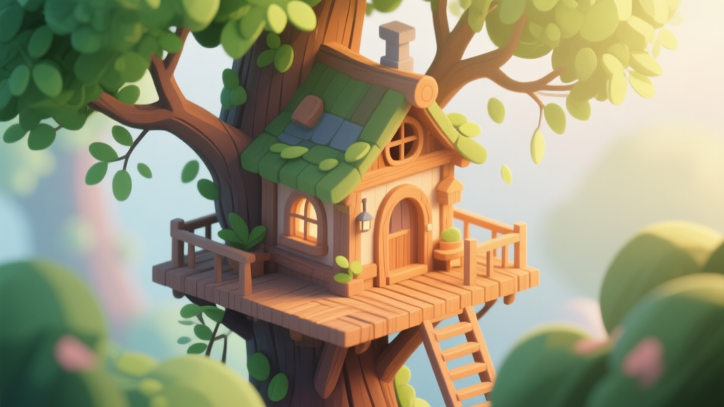 A cozy, whimsical treehouse nestled among lush green branches, soft morning light filtering through leaves, warm wooden textures, isometric view, digital painting style, soft color palette high quality illustration, detailed, 16:9