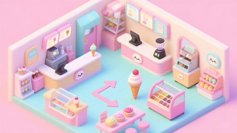 自动生成图片: A vibrant, isometric view of a busy ice cream shop interior with multiple workstations (order counter, blend station, topping bar), cute cartoon style, soft pastel colors, with arrows indicating a flow between stations high quality illustration, detailed, 16:9