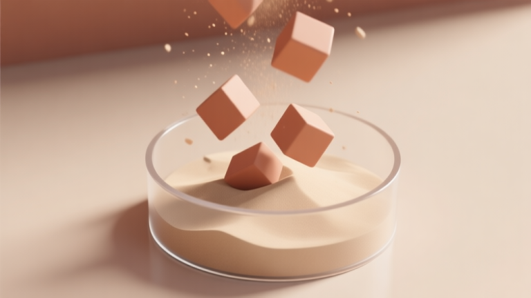 自动生成图片: A serene, minimalist 3D render of geometric sand blocks falling into a clear container, soft beige and terracotta color palette, with subtle particle effects, top-down view high quality illustration, detailed, 16:9