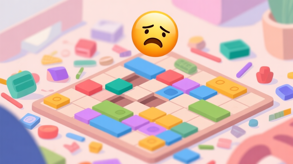 A cluttered game board from a merge puzzle game, with colorful mismatched items and a frustrated emoticon hovering above, soft pastel colors, flat illustration style high quality illustration, detailed, 16:9