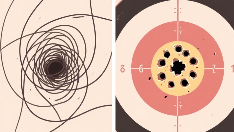 自动生成图片: Side-by-side comparison of uncontrolled recoil pattern (chaotic, upward spiraling lines) versus a controlled, tight cluster of bullet holes on a target, soft color scheme with highlights on the controlled group high quality illustration, detailed, 16:9