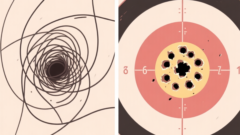 Side-by-side comparison of uncontrolled recoil pattern (chaotic, upward spiraling lines) versus a controlled, tight cluster of bullet holes on a target, soft color scheme with highlights on the controlled group high quality illustration, detailed, 16:9