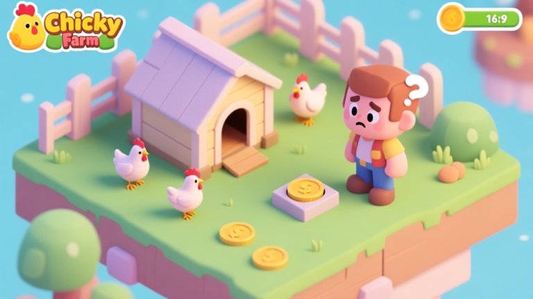 自动生成图片: A vibrant, isometric view of a beginner's chicken farm in Chicky Farm game, showing a simple coop, a few chickens, and a player character looking confused at an empty coin counter, in a cute cartoon style with soft pastel colors high quality illustration, detailed, 16:9