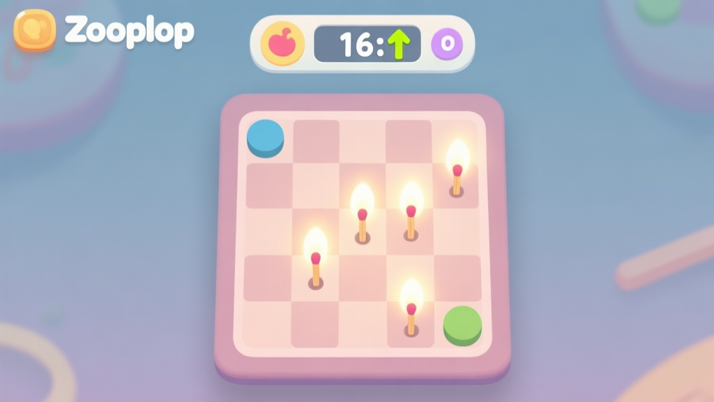 A clean, minimalist game interface overlay showing a Zooplop game board mid-action, with soft glowing matches and a subtle score counter ticking up, pastel color palette high quality illustration, detailed, 16:9