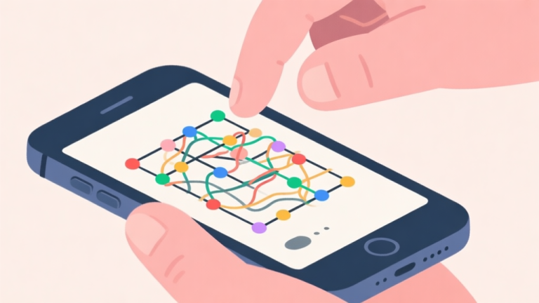 自动生成图片: A close-up of a smartphone screen showing a complex Draw Wire puzzle with multiple colored dots and tangled lines, fingers hovering above as if thinking, in a minimalist flat illustration style with soft pastel colors high quality illustration, detailed, 16:9