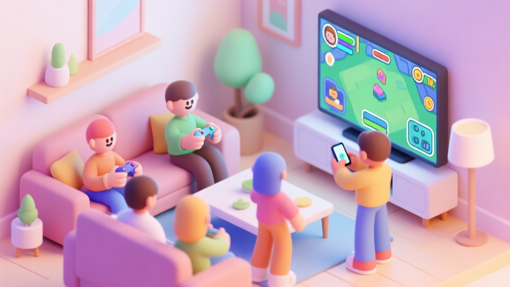 A vibrant, playful isometric illustration of a virtual living room with multiple cartoon avatars playing a game together on a large screen, one holding a phone as a controller, soft pastel colors, cozy and social atmosphere high quality illustration, detailed, 16:9