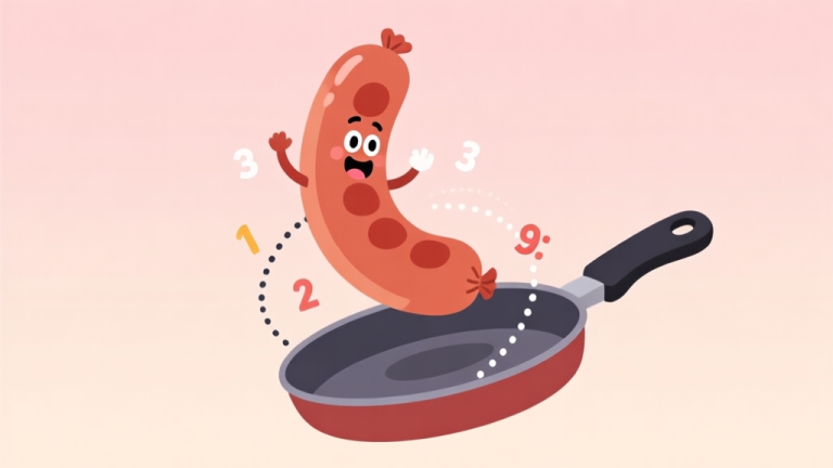 自动生成图片: A stylized, playful illustration of a cartoon sausage mid-flip over a frying pan, with dotted trajectory lines and subtle score numbers popping up, soft pastel background high quality illustration, detailed, 16:9