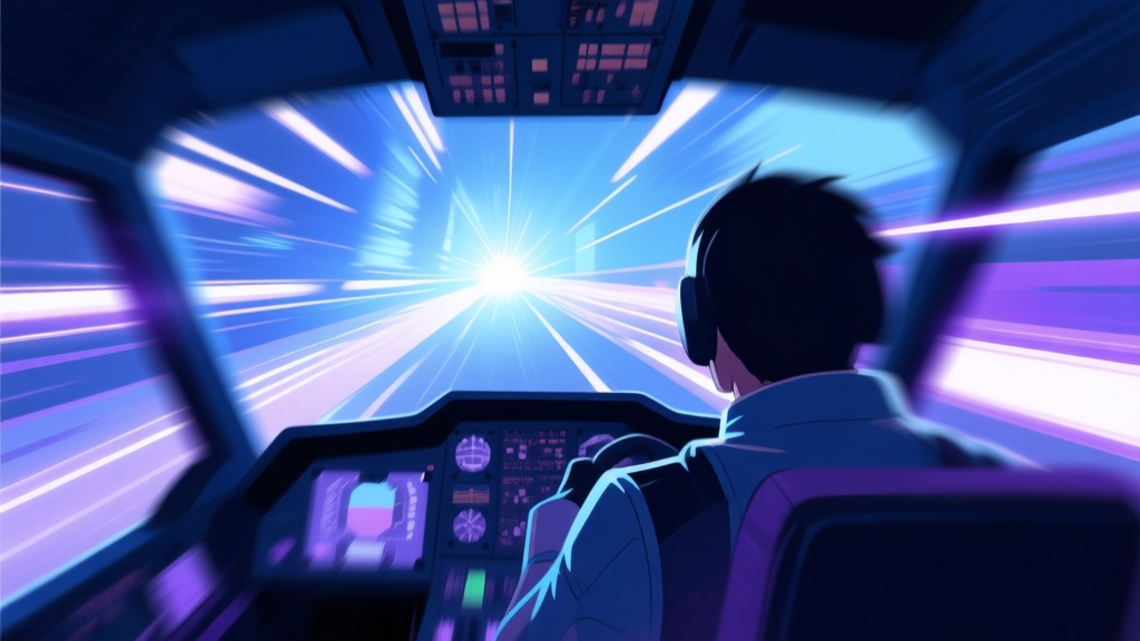 A dynamic, blurred perspective from inside a cockpit or behind a character moving at extreme speed, with light trails and a sharp focus point ahead, using a cool-toned color palette with blues and purples high quality illustration, detailed, 16:9