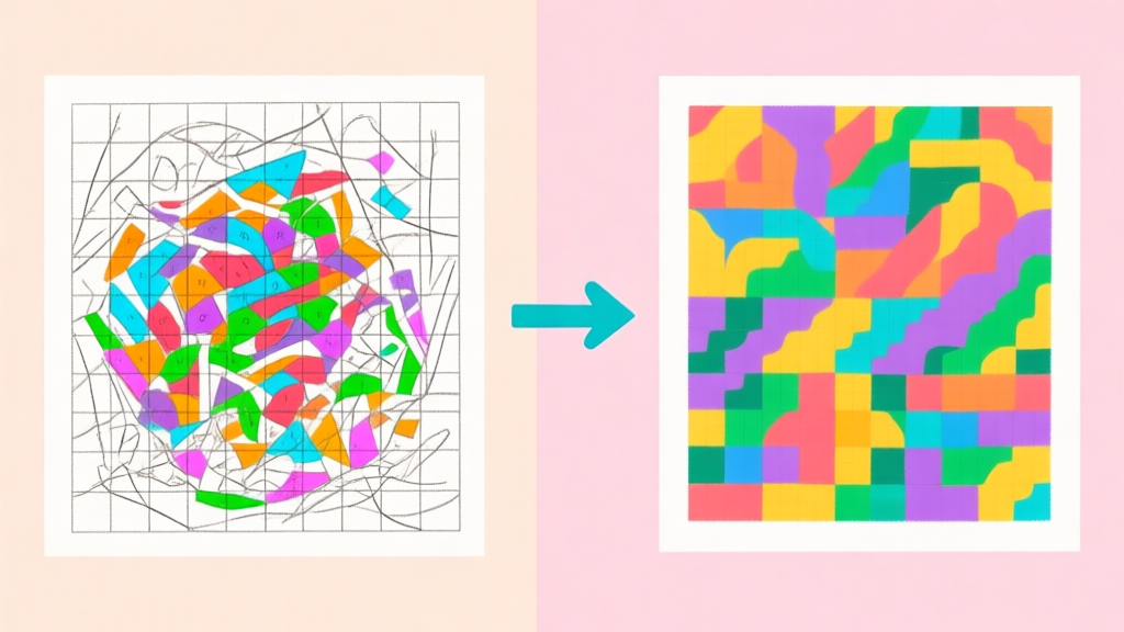 A split-screen image showing a messy, confusing color-by-numbers canvas on the left, and a beautifully organized, nearly completed vibrant artwork on the right, with a clear arrow transitioning between them, in a soft pastel color palette high quality illustration, detailed, 16:9