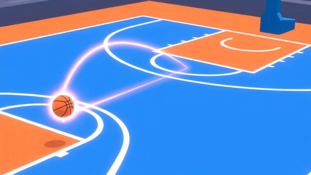 A dynamic, minimalist game screenshot style of Basketball FRVR showing a perfect shot release with a glowing trajectory line, against a clean blue and orange court background high quality illustration, detailed, 16:9