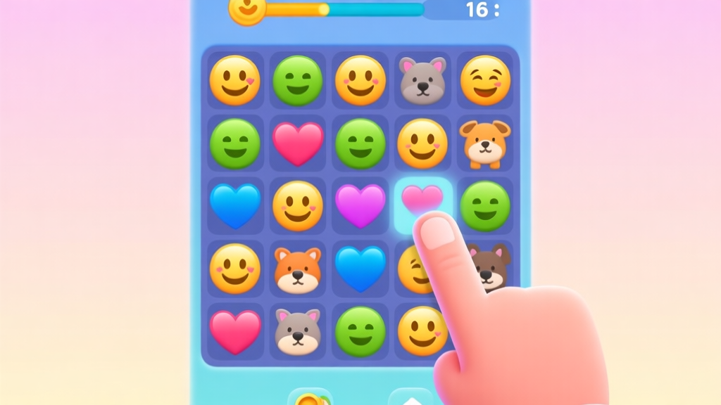 A vibrant and playful mobile game interface showing a grid filled with colorful emojis like smiley faces, hearts, and animals, with a finger tapping to make a match, clean flat design, soft pastel background high quality illustration, detailed, 16:9