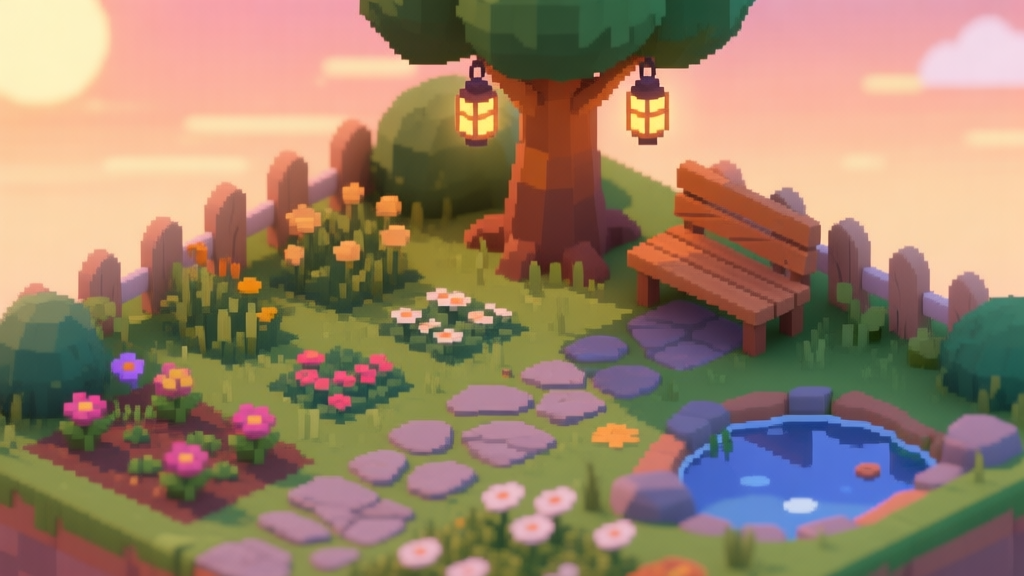 A cozy, isometric view of a small virtual garden in a simulation game like Stardew Valley or Animal Crossing. Featuring a mix of wild and organized flower patches, a stone path, a wooden bench under a tree with hanging lanterns, and a small pond. Soft, warm sunset lighting, pixel art or low-poly style, with a peaceful and inviting atmosphere. high quality illustration, detailed, 16:9