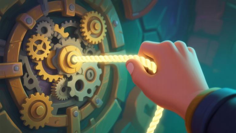 自动生成图片: A close-up view of a player's hand in a stylized game environment, pulling a glowing rope attached to a complex puzzle mechanism with gears and levers, soft lighting, painted texture, video game concept art style high quality illustration, detailed, 16:9