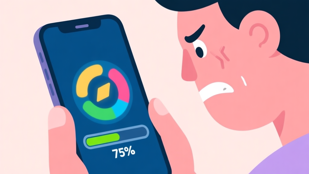 A frustrated person looking at a smartphone screen stuck on a colorful game loading screen at 75%, with a spinning icon, flat illustration style, soft pastel colors high quality illustration, detailed, 16:9