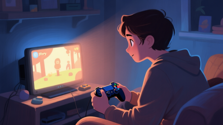自动生成图片: A cozy, intimate scene of a person playing a story-driven video game on a console in a dimly room, screen glow illuminating their face showing captivation, soft warm and cool color palette, illustrated in a painterly style high quality illustration, detailed, 16:9