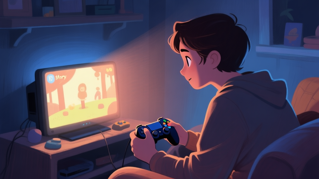 A cozy, intimate scene of a person playing a story-driven video game on a console in a dimly room, screen glow illuminating their face showing captivation, soft warm and cool color palette, illustrated in a painterly style high quality illustration, detailed, 16:9
