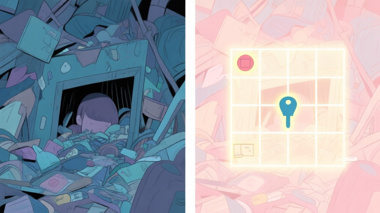 自动生成图片: A split-screen illustration showing a cluttered, overwhelming hidden object scene on the left, and the same scene on the right with a subtle, glowing grid overlay and key objects highlighted, in a soft pastel color palette high quality illustration, detailed, 16:9