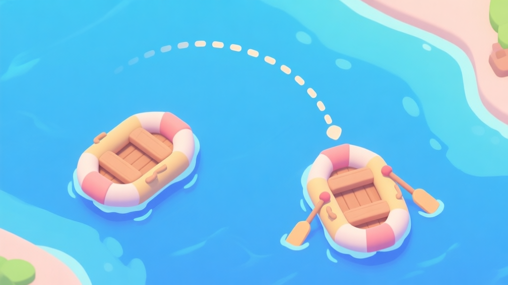 A stylized, top-down view of two cartoon rafts on blue water, with a dotted parabolic trajectory line arcing from one raft to the other, soft pastel colors, clean game illustration style high quality illustration, detailed, 16:9