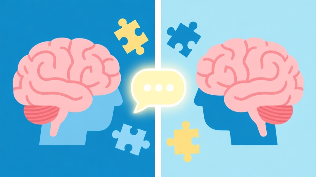 A split-screen illustration showing two stylized brains connected by a glowing chat bubble, with puzzle pieces floating between them. Soft pastel color scheme of blues and yellows, minimalist flat design. high quality illustration, detailed, 16:9
