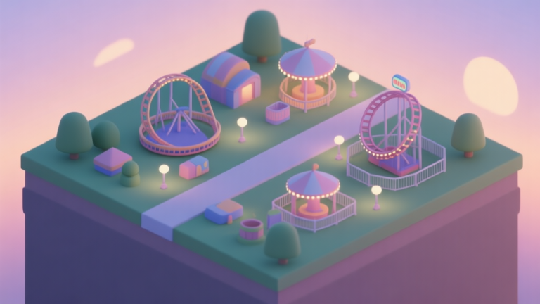 自动生成图片: A serene, isometric view of a small but well-organized digital theme park at dusk, with gentle lighting on a few key rides, soft pastel colors, and a clear path layout high quality illustration, detailed, 16:9