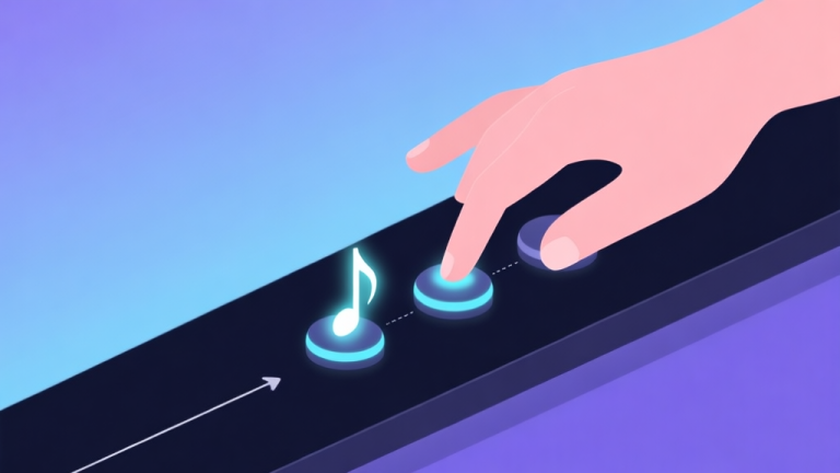 自动生成图片: A minimalist illustration of a hand poised over glowing music note buttons on a sleek, dark interface, with a subtle trajectory line showing the perfect tap timing, soft blue and purple gradient background high quality illustration, detailed, 16:9