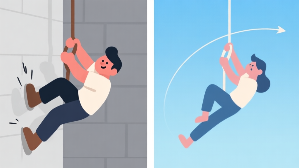 Split-screen illustration showing a clumsy grapple attempt on the left (character swinging awkwardly into a wall) and a smooth, graceful grapple trajectory on the right, using a soft color palette of blues and grays, flat design style high quality illustration, detailed, 16:9