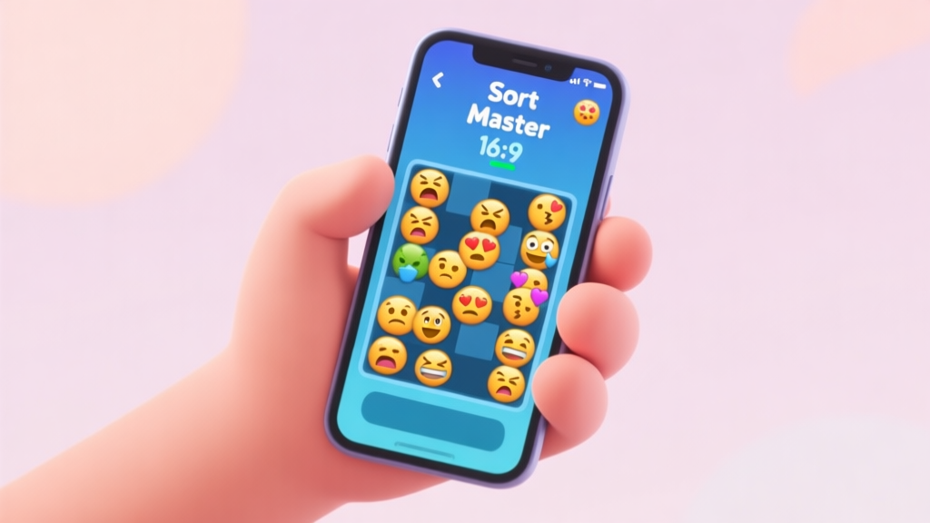 A frustrated hand holding a smartphone displaying a chaotic Emoji Sort Master puzzle level with a nearly empty timer, soft pastel background, clean game UI illustration high quality illustration, detailed, 16:9