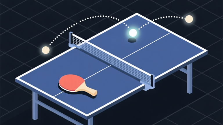 自动生成图片: A stylized, minimalist illustration of a digital ping pong table viewed from above. The paddle and ball are highlighted with a soft glow, and dotted trajectory lines show different bounce angles, on a dark background with subtle grid lines high quality illustration, detailed, 16:9