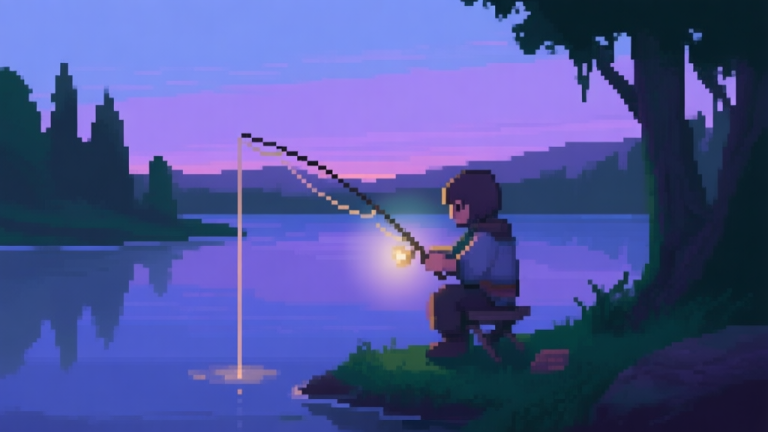 自动生成图片: A serene pixel art scene of a lakeside at dusk, with a lone character fishing, soft glow from the character's fishing rod, muted colors of purple, blue, and dark green, capturing a calm yet mysterious mood high quality illustration, detailed, 16:9