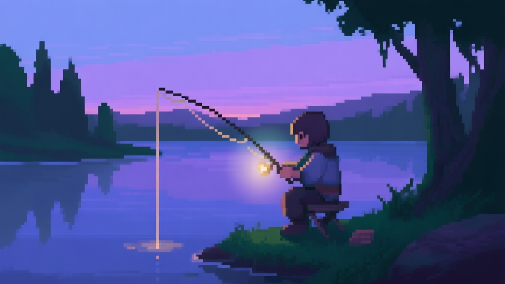 A serene pixel art scene of a lakeside at dusk, with a lone character fishing, soft glow from the character's fishing rod, muted colors of purple, blue, and dark green, capturing a calm yet mysterious mood high quality illustration, detailed, 16:9