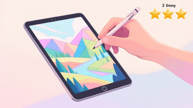 自动生成图片: A serene digital painting of a hand holding a stylus, hovering over a tablet displaying a beautifully colored geometric landscape in Prismo Coloring's signature soft art style, with a perfect 3-star rating visible in the corner, soft pastel color palette high quality illustration, detailed, 16:9