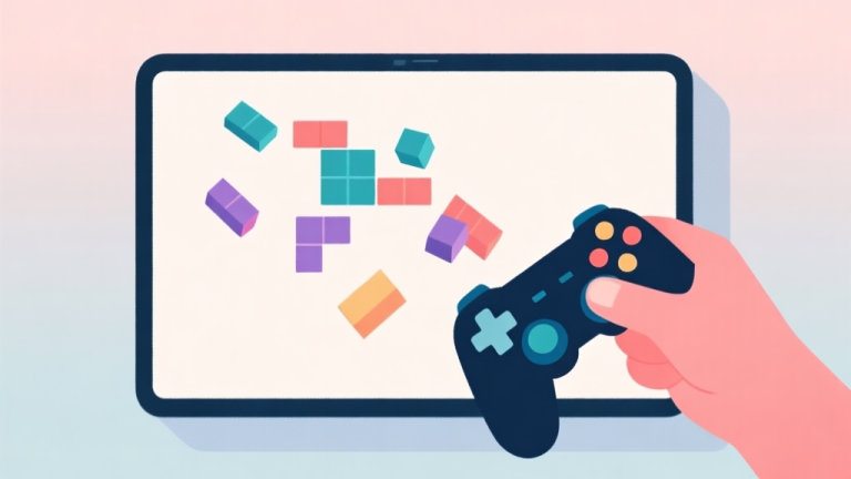 自动生成图片: A clean, minimalist illustration of a hand holding a game controller, with abstract geometric Tetris-like blocks falling in an organized pattern on a screen, soft pastel background high quality illustration, detailed, 16:9