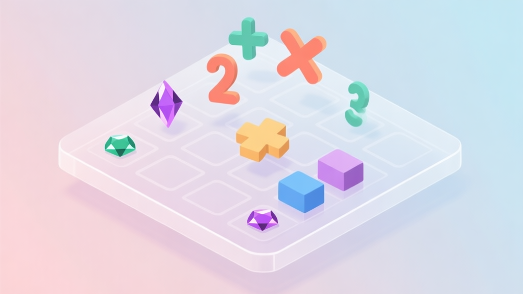 A minimalist, flat-design illustration showing a transparent game board overlay with floating numbers, mathematical symbols like plus and multiply, and simple puzzle pieces like gems and blocks, on a soft pastel background high quality illustration, detailed, 16:9
