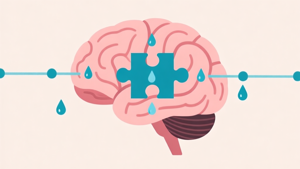 A minimalist illustration of a brain with puzzle pieces and water droplets connecting, in a soft pastel color scheme, representing the psychology behind gaming high quality illustration, detailed, 16:9