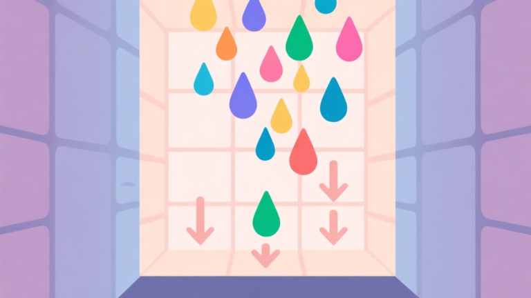自动生成图片: A minimalist, flat design illustration of colorful droplets falling in a grid-based puzzle game environment, with soft arrows indicating downward trajectory, pastel color palette high quality illustration, detailed, 16:9