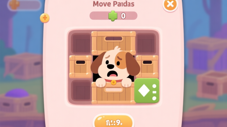 自动生成图片: A frustrating game screen of a puzzle game showing a cute dog character stuck behind multiple crates, with a move counter reaching zero, in a soft pastel color scheme high quality illustration, detailed, 16:9