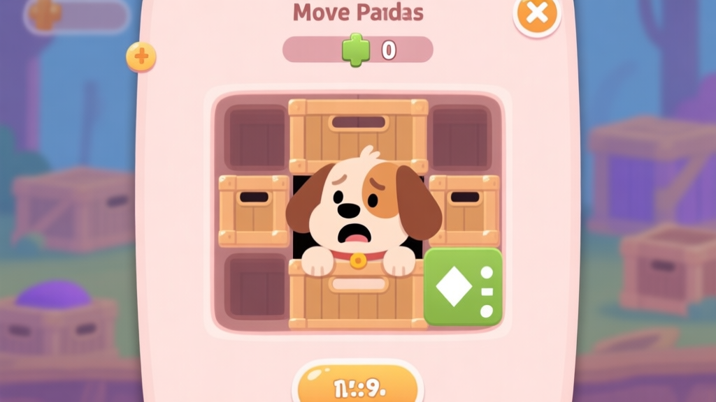 A frustrating game screen of a puzzle game showing a cute dog character stuck behind multiple crates, with a move counter reaching zero, in a soft pastel color scheme high quality illustration, detailed, 16:9