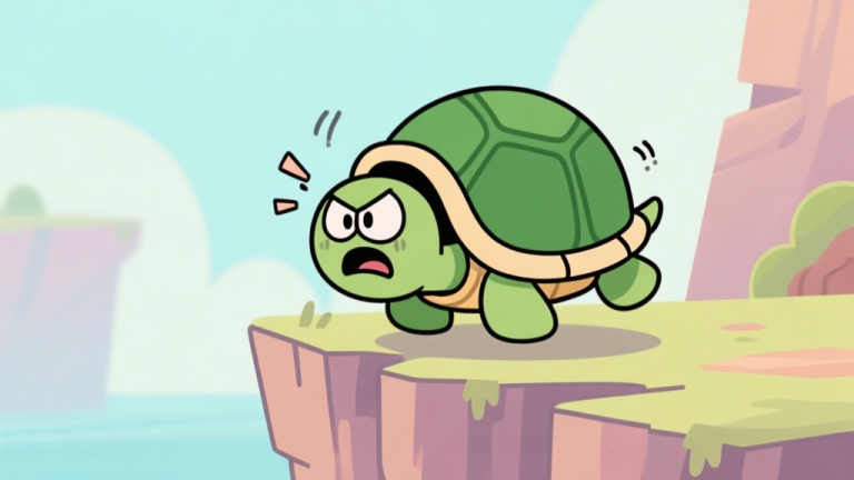 自动生成图片: A frustrated cartoon character stuck inside a green turtle shell that's bouncing uncontrollably near a cliff edge, soft pastel colors, simple game art style high quality illustration, detailed, 16:9