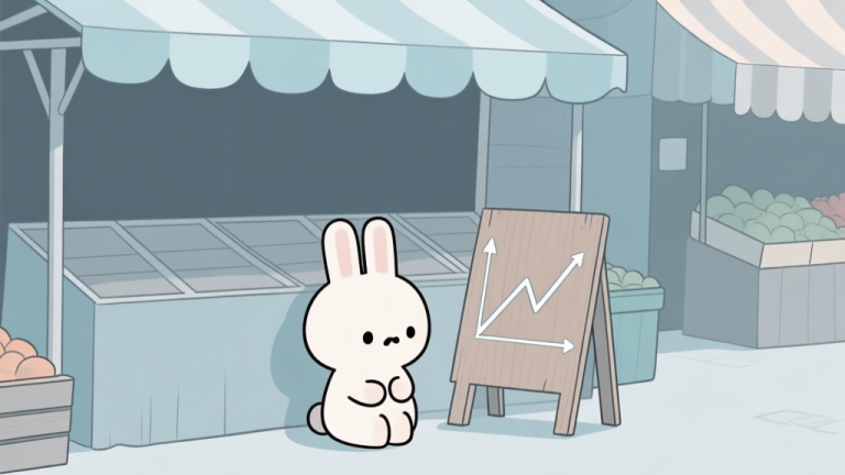 自动生成图片: A minimalist, slightly melancholic illustration of a cartoon bunny sitting by an empty market stall, looking at a flatline graph on a wooden sign. Soft pastel color palette with muted blues and greys. high quality illustration, detailed, 16:9