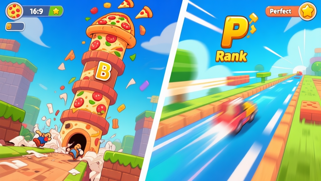 A dynamic split-screen illustration showing a Pizza Tower level. Left side shows a messy, slow run with a 'B' rank. Right side shows a clean, high-speed run with a perfect 'P' rank, highlighting combo multiplier and smooth movement flow, in vibrant cartoon game art style high quality illustration, detailed, 16:9