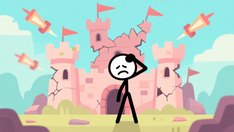 自动生成图片: A frustrated stick figure character scratching its head in front of a crumbling cartoon fortress, with misplaced towers shooting in wrong directions, soft pastel colors, flat game art style high quality illustration, detailed, 16:9