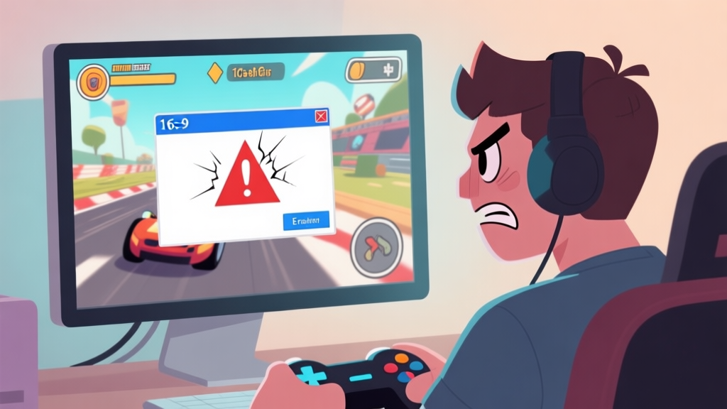 A frustrated gamer looking at a computer screen showing a game crash error pop-up window, with a cartoonish 2D racing game visible in the background, soft muted color palette high quality illustration, detailed, 16:9