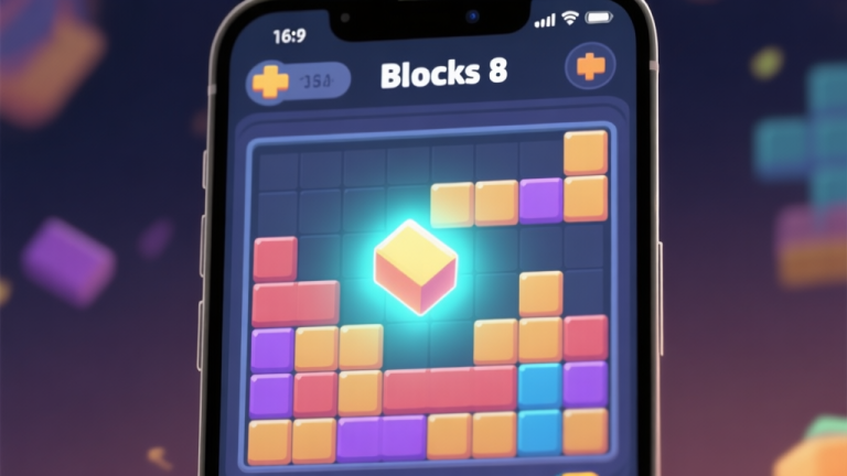 自动生成图片: A close-up of a smartphone screen showing a complex, nearly completed Blocks 8 puzzle with one glaringly misplaced block, creating a sense of tension and near-success. Soft, glowing game aesthetics. high quality illustration, detailed, 16:9