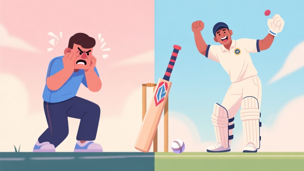 A split-screen illustration showing a frustrated new player on one side and a confident, celebrating player on the other, with a cricket bat and ball between them, in a soft pastel color palette high quality illustration, detailed, 16:9