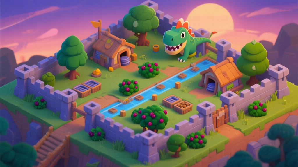 A vibrant, isometric view of a thriving Dino Bros base at dusk, showing efficient resource flow from berry bushes and trees to storage huts, with defensive walls strategically placed, in a cartoonish game art style high quality illustration, detailed, 16:9