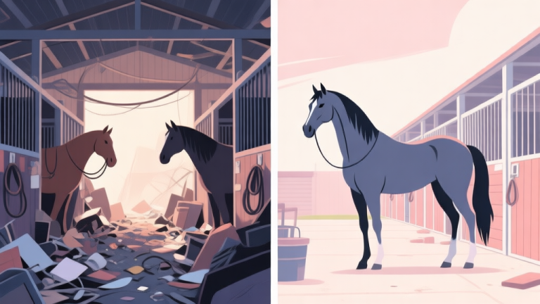 自动生成图片: A split-screen illustration showing a disorganized, chaotic horse stable on one side and a clean, well-organized stable with a sleek, powerful-looking horse on the other, in a soft pastel color palette high quality illustration, detailed, 16:9
