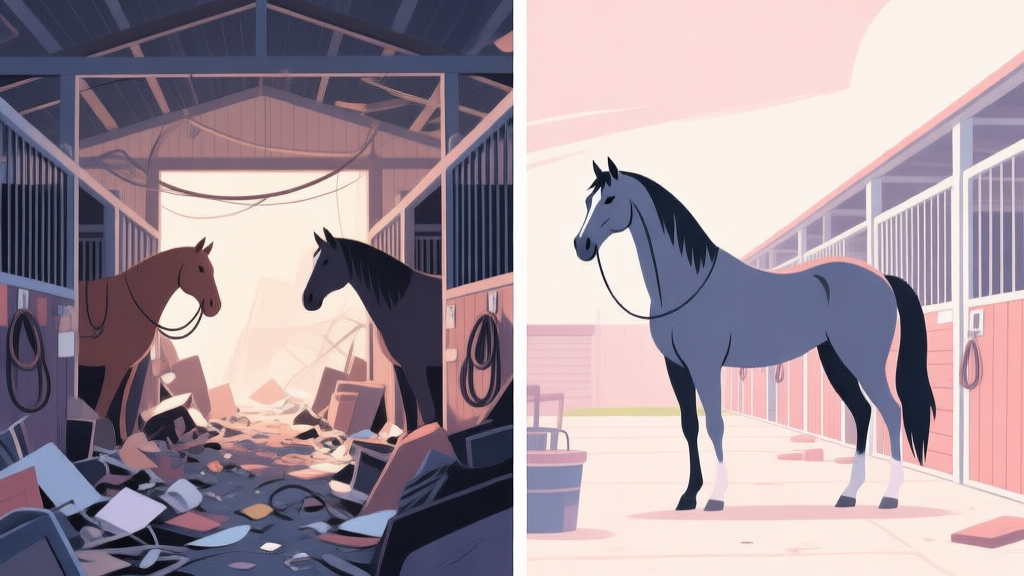 A split-screen illustration showing a disorganized, chaotic horse stable on one side and a clean, well-organized stable with a sleek, powerful-looking horse on the other, in a soft pastel color palette high quality illustration, detailed, 16:9