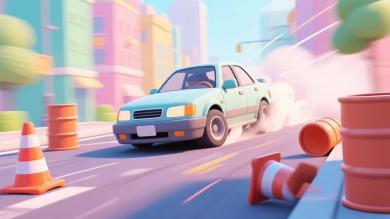 自动生成图片: A stylized, playful illustration of a cartoon car mid-drift on a colorful city road, avoiding obstacles like traffic cones and barrels, with motion blur lines emphasizing speed and control, soft pastel color palette high quality illustration, detailed, 16:9