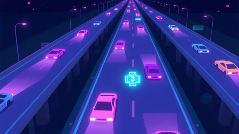 自动生成图片: A top-down view of a stylized, endless highway at night, with neon-lit cars weaving through traffic, a boost power-up glowing on the road, soft purple and blue color scheme, minimalist game illustration high quality illustration, detailed, 16:9